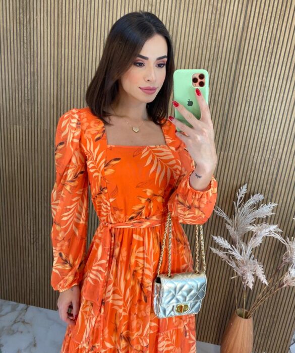 Vestido Longo com Bojo Tule Manga Longa com Faixa Laranja - Fernanda Ramos Store