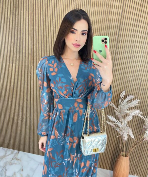 Vestido Longo com Bojo Tule Manga Longa Laura Estampado - Fernanda Ramos Store