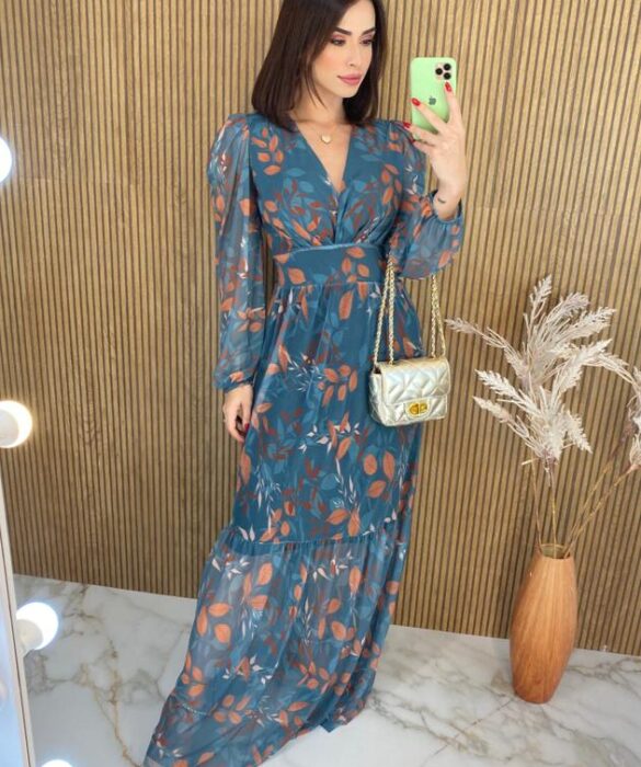 Vestido Longo com Bojo Tule Manga Longa Laura Estampado - Fernanda Ramos Store