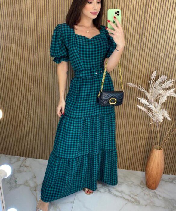 Vestido Longo sem Bojo com Cinto Xadrez Verde - Fernanda Ramos Store