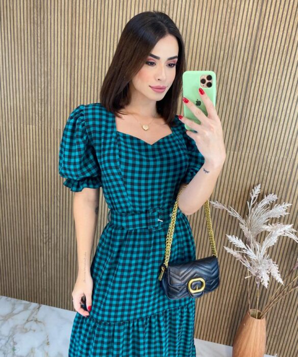 Vestido Longo sem Bojo com Cinto Xadrez Verde - Fernanda Ramos Store