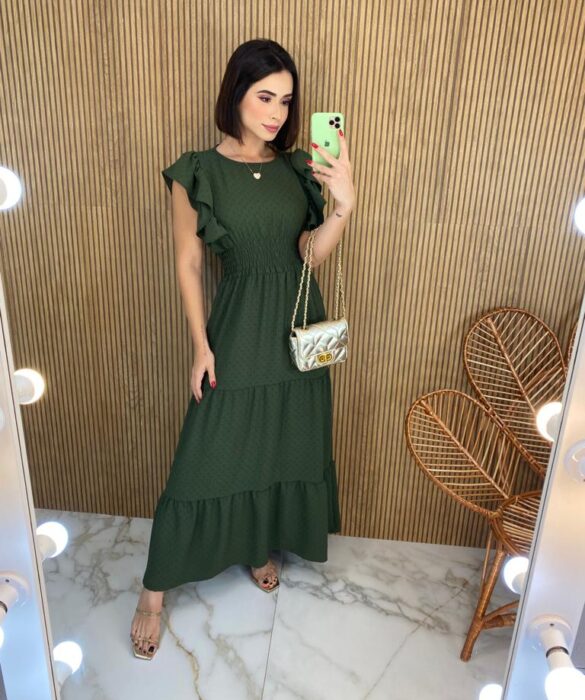 Vestido Longo sem Bojo Detalhe em Lastex Julia Verde Militar - Fernanda Ramos Store