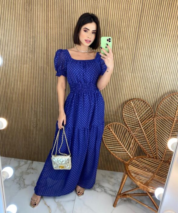 Vestido Longo sem Bojo Lastex na Cintura Manga Princesa Azul - Fernanda Ramos Store