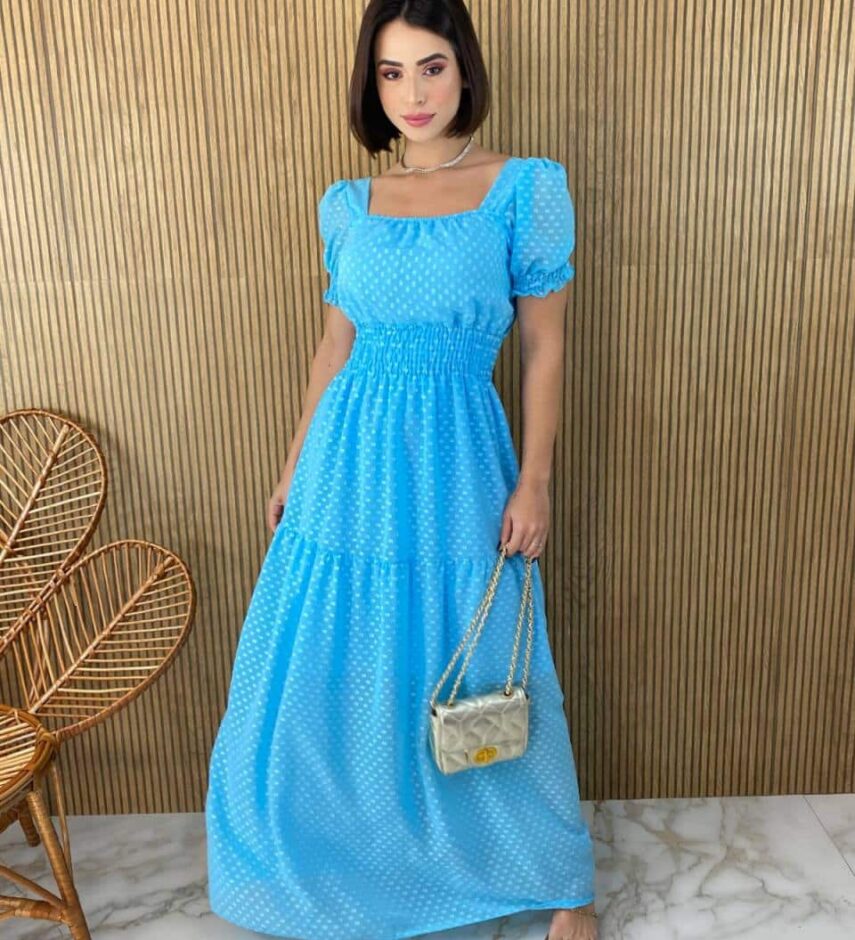 Vestido Longo sem Bojo Lastex na Cintura Manga Princesa Azul Bebe - Fernanda Ramos Store