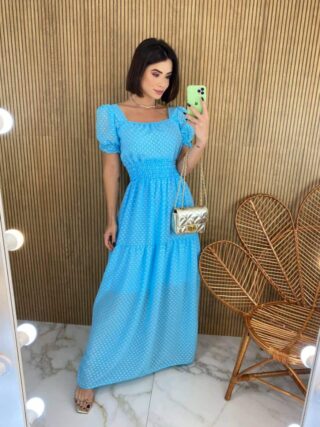 Vestido Longo sem Bojo Lastex na Cintura Manga Princesa Azul Bebe - Fernanda Ramos Store