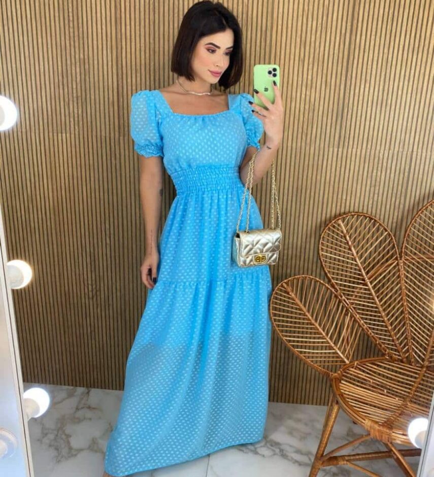 Vestido Longo sem Bojo Lastex na Cintura Manga Princesa Azul Bebe - Fernanda Ramos Store
