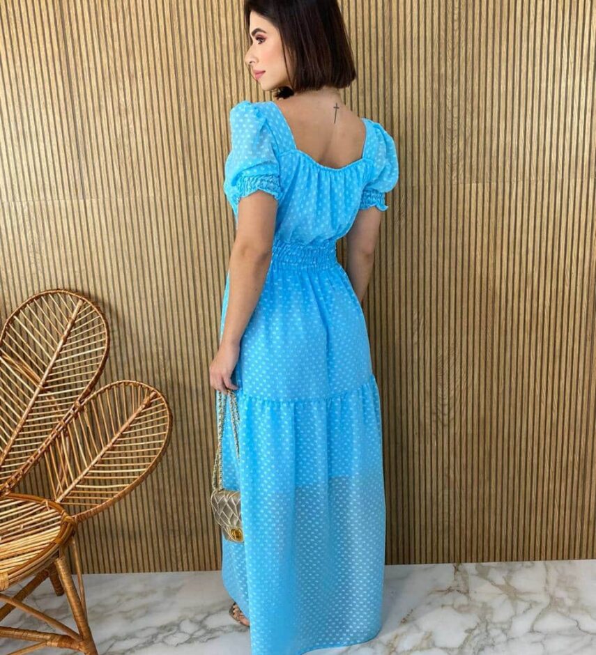 Vestido Longo sem Bojo Lastex na Cintura Manga Princesa Azul Bebe - Fernanda Ramos Store