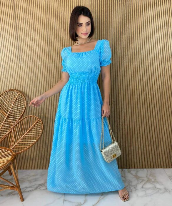 Vestido Longo sem Bojo Lastex na Cintura Manga Princesa Azul Bebe - Fernanda Ramos Store