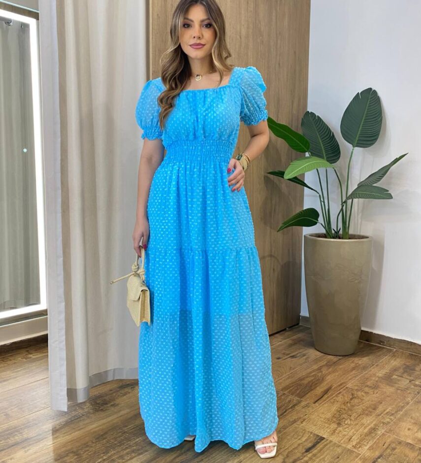 Vestido Longo sem Bojo Lastex na Cintura Manga Princesa Azul Bebe - Fernanda Ramos Store