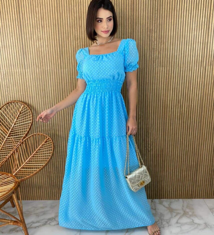 Vestido Longo sem Bojo Lastex na Cintura Manga Princesa Azul Bebe - Fernanda Ramos Store