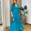 Vestido Longo sem Bojo Manga 3/4 Amanda Decote V Azul - Fernanda Ramos Store
