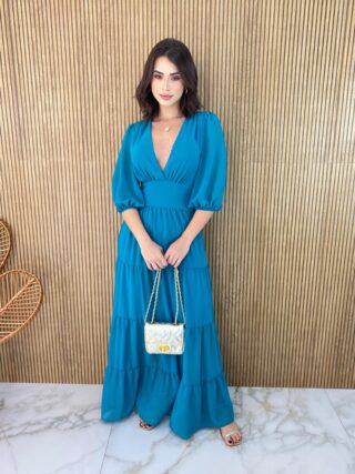 Vestido Longo sem Bojo Manga 3/4 Amanda Decote V Azul - Fernanda Ramos Store