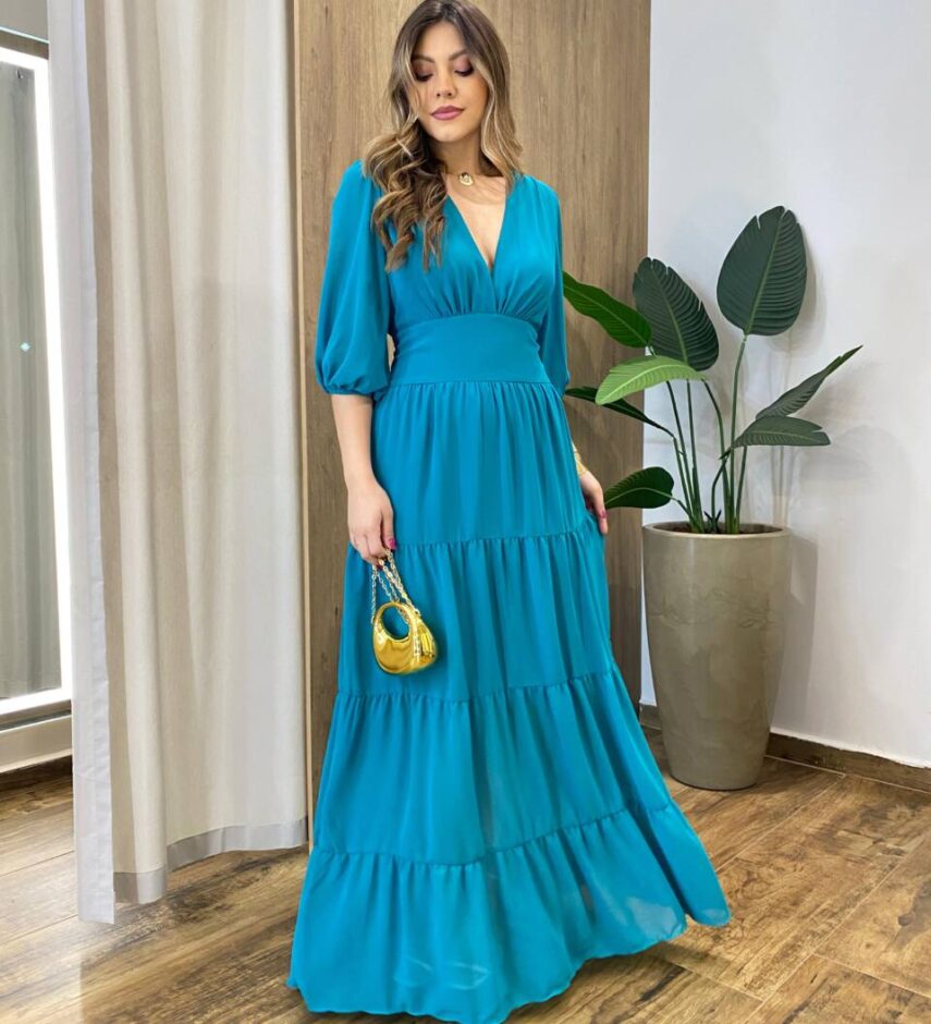 Vestido Longo sem Bojo Manga 3/4 Amanda Decote V Azul - Fernanda Ramos Store