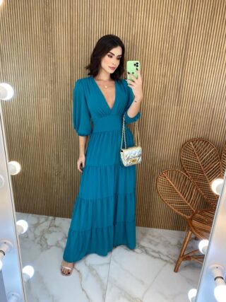 Vestido Longo sem Bojo Manga 3/4 Amanda Decote V Azul - Fernanda Ramos Store