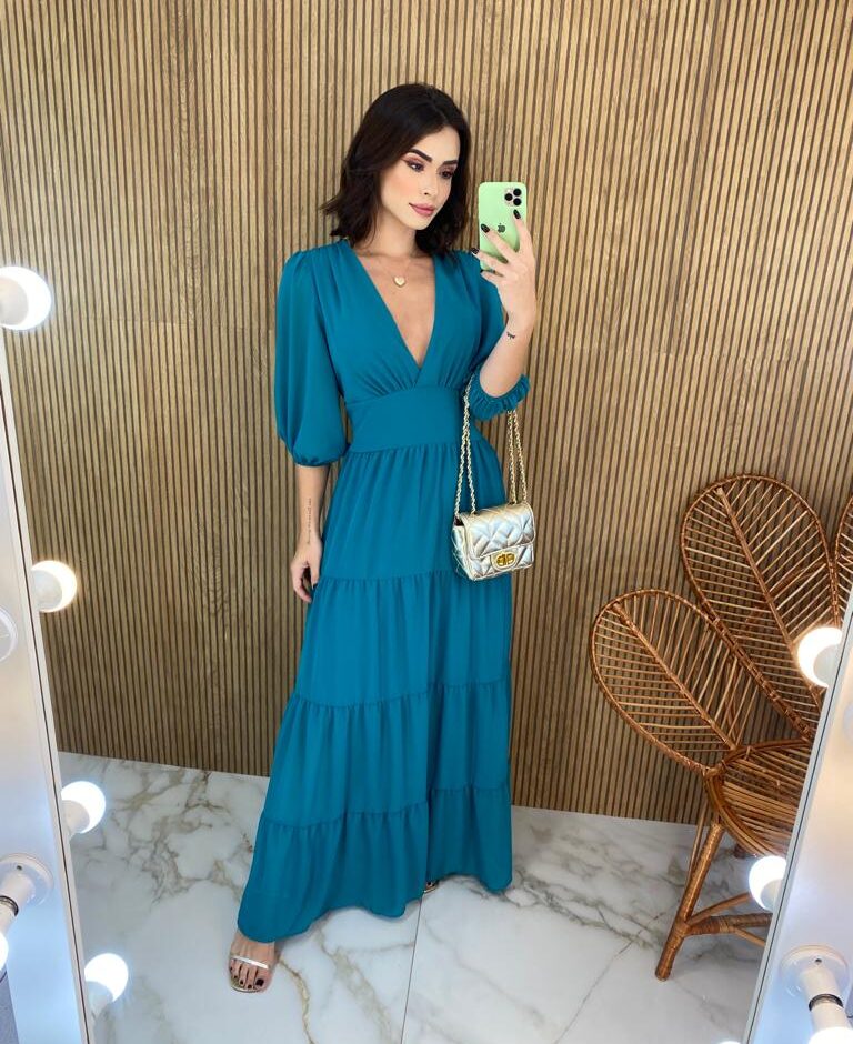 Vestido Longo sem Bojo Manga 3/4 Amanda Decote V Azul - Fernanda Ramos Store