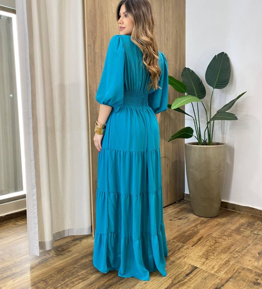 Vestido Longo sem Bojo Manga 3/4 Amanda Decote V Azul - Fernanda Ramos Store