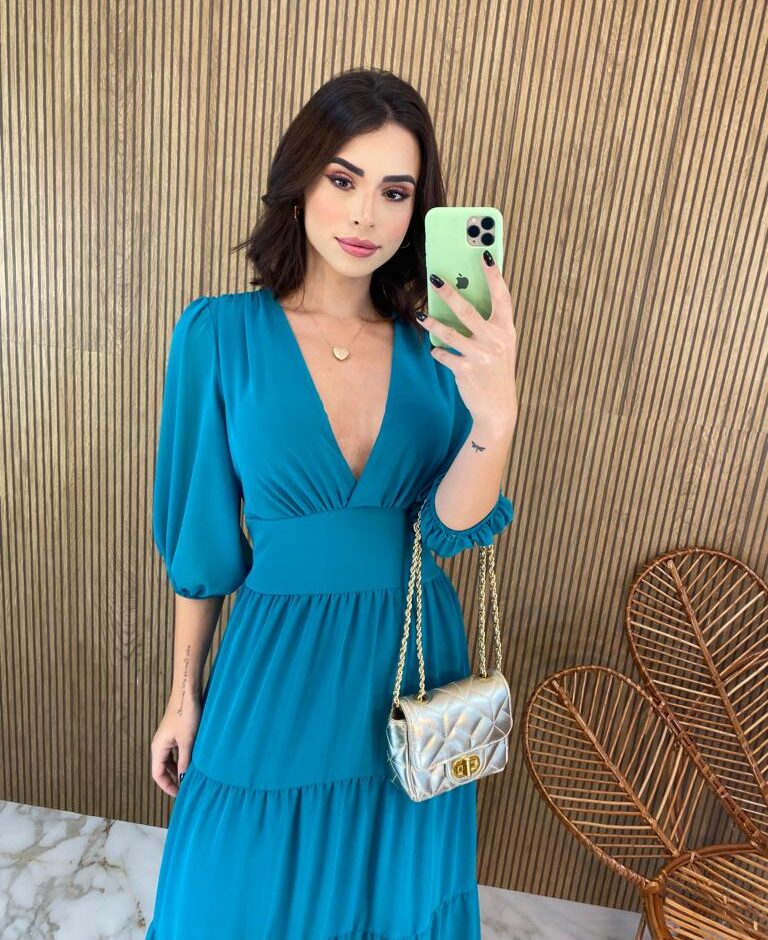 Vestido Longo sem Bojo Manga 3/4 Amanda Decote V Azul - Fernanda Ramos Store