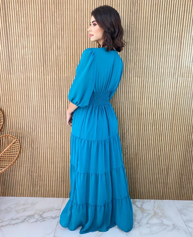 Vestido Longo sem Bojo Manga 3/4 Amanda Decote V Azul - Fernanda Ramos Store