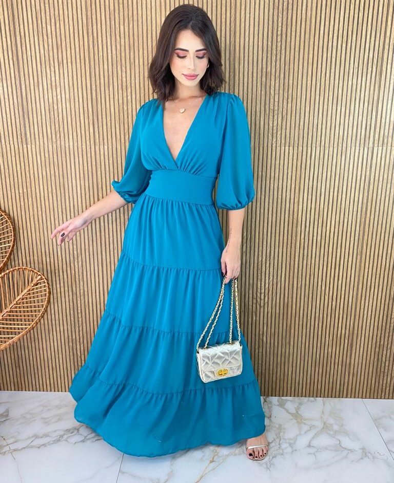 Vestido Longo sem Bojo Manga 3/4 Amanda Decote V Azul - Fernanda Ramos Store