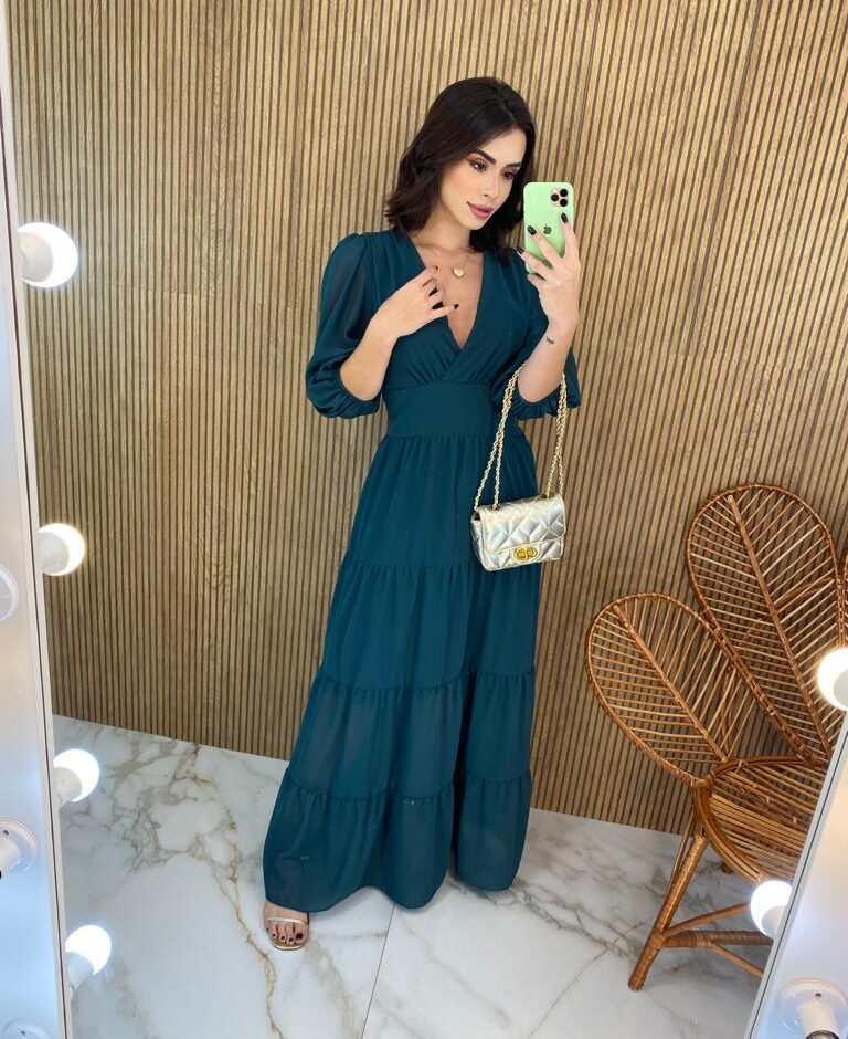 Vestido Longo sem Bojo Manga 3/4 Amanda Verde Petróleo - Fernanda Ramos Store