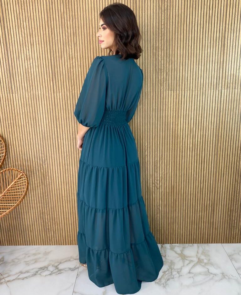 Vestido Longo sem Bojo Manga 3/4 Amanda Verde Petróleo - Fernanda Ramos Store