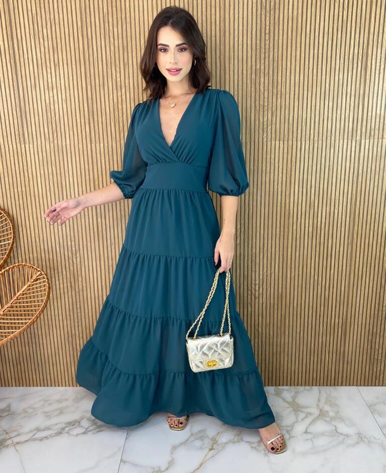 Vestido Longo sem Bojo Manga 3/4 Amanda Verde Petróleo - Fernanda Ramos Store