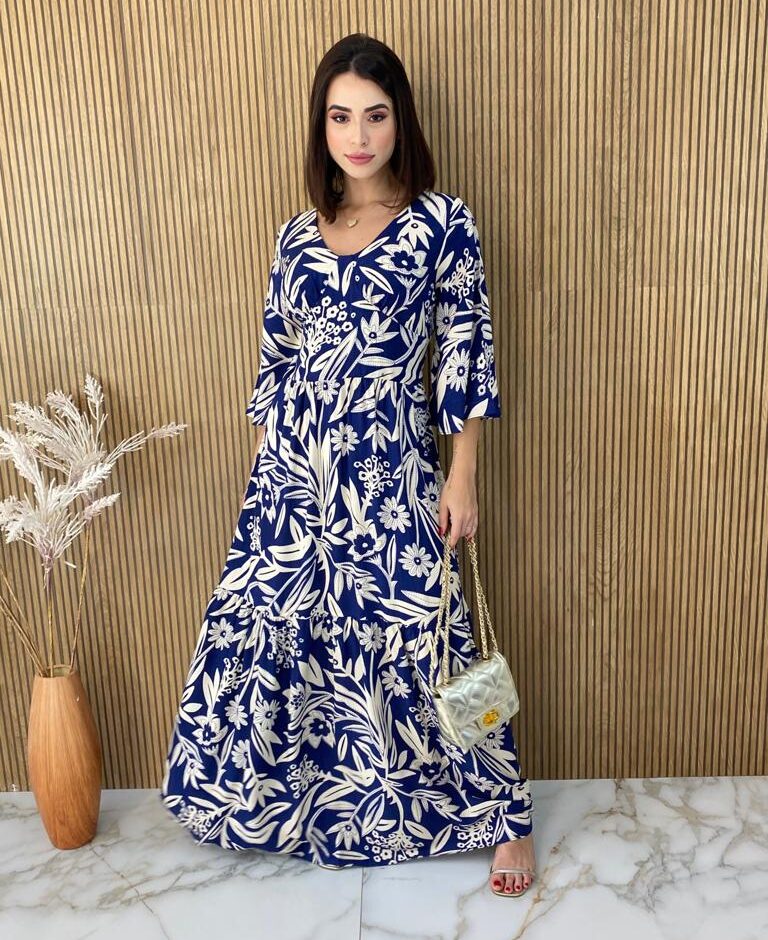 Vestido Longo sem Bojo Manga 3/4 Estampa Floral Azul - Fernanda Ramos Store