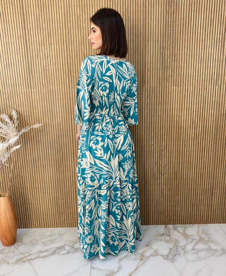 Vestido Longo sem Bojo Manga 3/4 Estampa Floral Azul Piscina - Fernanda Ramos Store