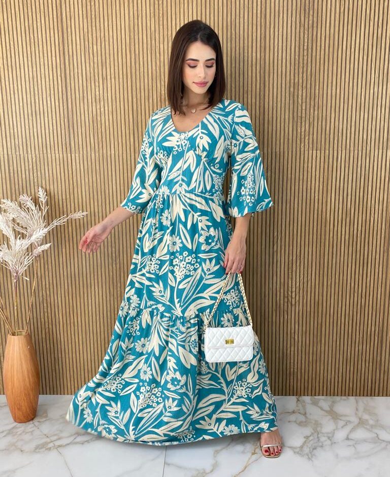 Vestido Longo sem Bojo Manga 3/4 Estampa Floral Azul Piscina - Fernanda Ramos Store