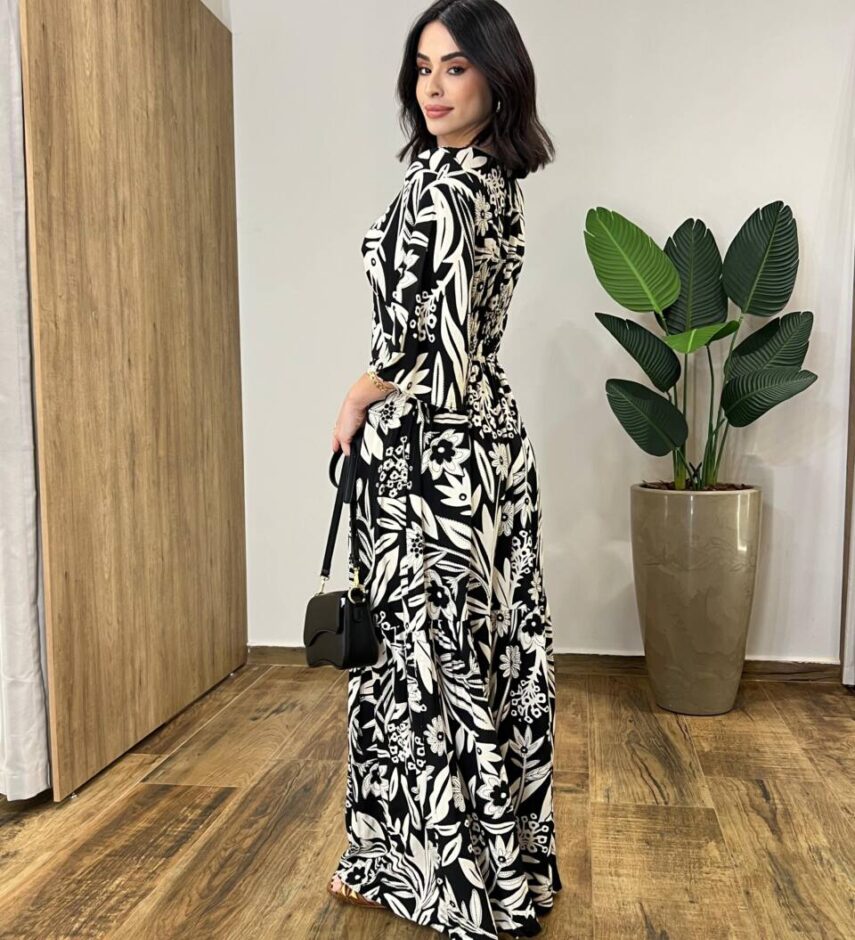 Vestido Longo sem Bojo Manga 3/4 Estampa Floral Preto - Fernanda Ramos Store