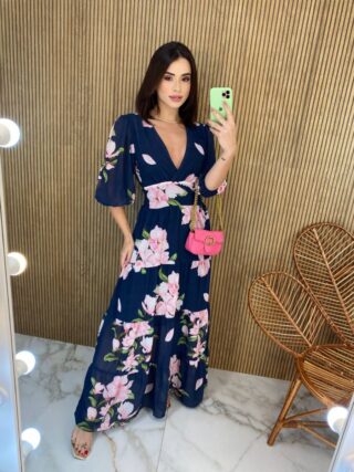 Vestido Longo sem Bojo Manga 3/4 Luna Estampado Azul - Fernanda Ramos Store