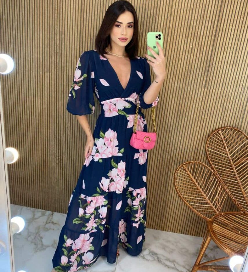 Vestido Longo sem Bojo Manga 3/4 Luna Estampado Azul - Fernanda Ramos Store