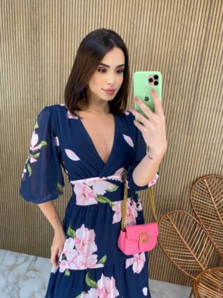 Vestido Longo sem Bojo Manga 3/4 Luna Estampado Azul - Fernanda Ramos Store