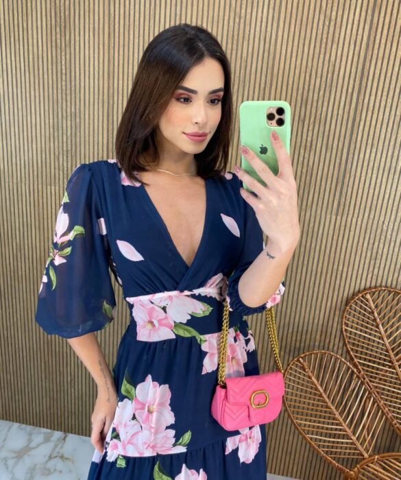 Vestido Longo sem Bojo Manga 3/4 Luna Estampado Azul - Fernanda Ramos Store