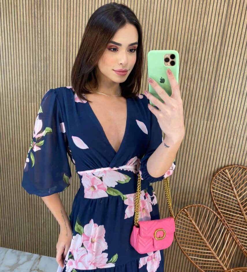 Vestido Longo sem Bojo Manga 3/4 Luna Estampado Azul - Fernanda Ramos Store