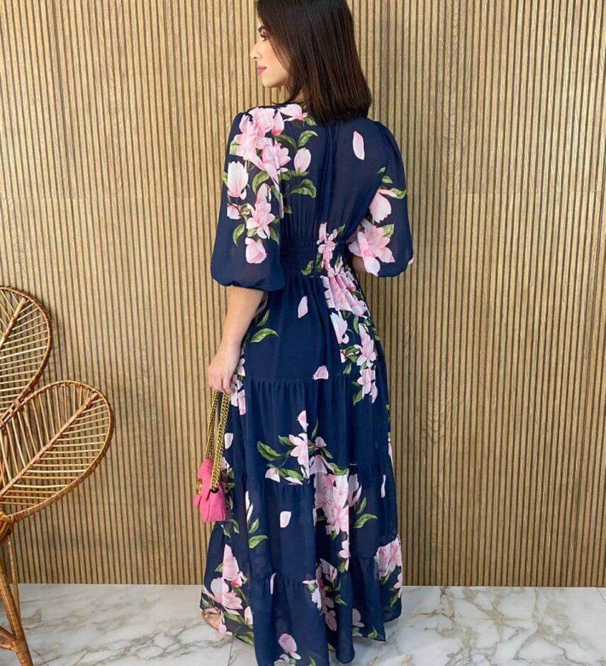 Vestido Longo sem Bojo Manga 3/4 Luna Estampado Azul - Fernanda Ramos Store