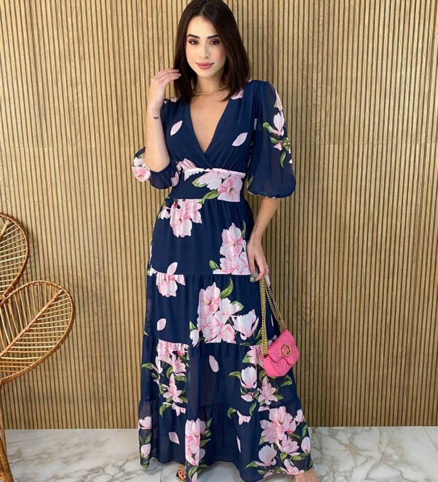 Vestido Longo sem Bojo Manga 3/4 Luna Estampado Azul - Fernanda Ramos Store
