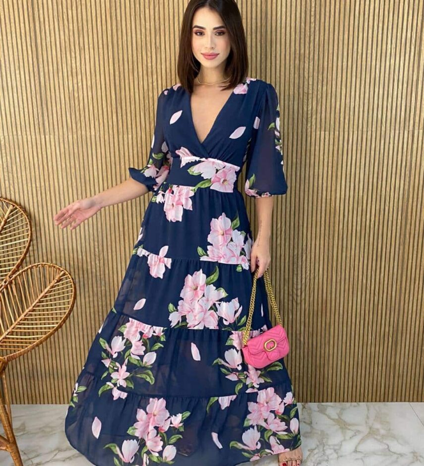 Vestido Longo sem Bojo Manga 3/4 Luna Estampado Azul - Fernanda Ramos Store