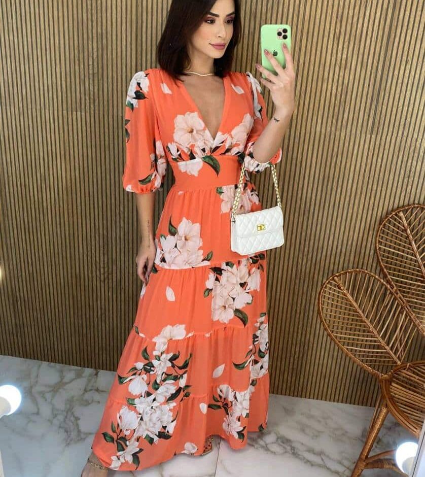 Vestido Longo sem Bojo Manga 3/4 Luna Estampado Laranja - Fernanda Ramos Store