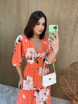 Vestido Longo sem Bojo Manga 3/4 Luna Estampado Laranja - Fernanda Ramos Store