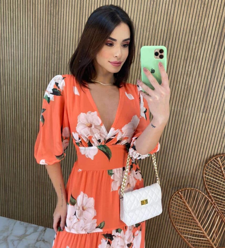 Vestido Longo sem Bojo Manga 3/4 Luna Estampado Laranja - Fernanda Ramos Store