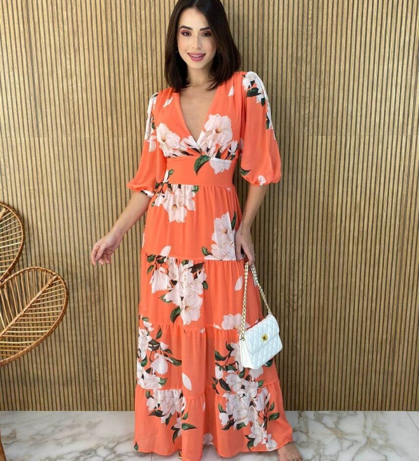 Vestido Longo sem Bojo Manga 3/4 Luna Estampado Laranja - Fernanda Ramos Store