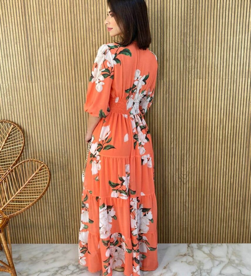 Vestido Longo sem Bojo Manga 3/4 Luna Estampado Laranja - Fernanda Ramos Store
