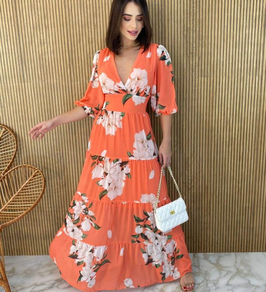 Vestido Longo sem Bojo Manga 3/4 Luna Estampado Laranja - Fernanda Ramos Store