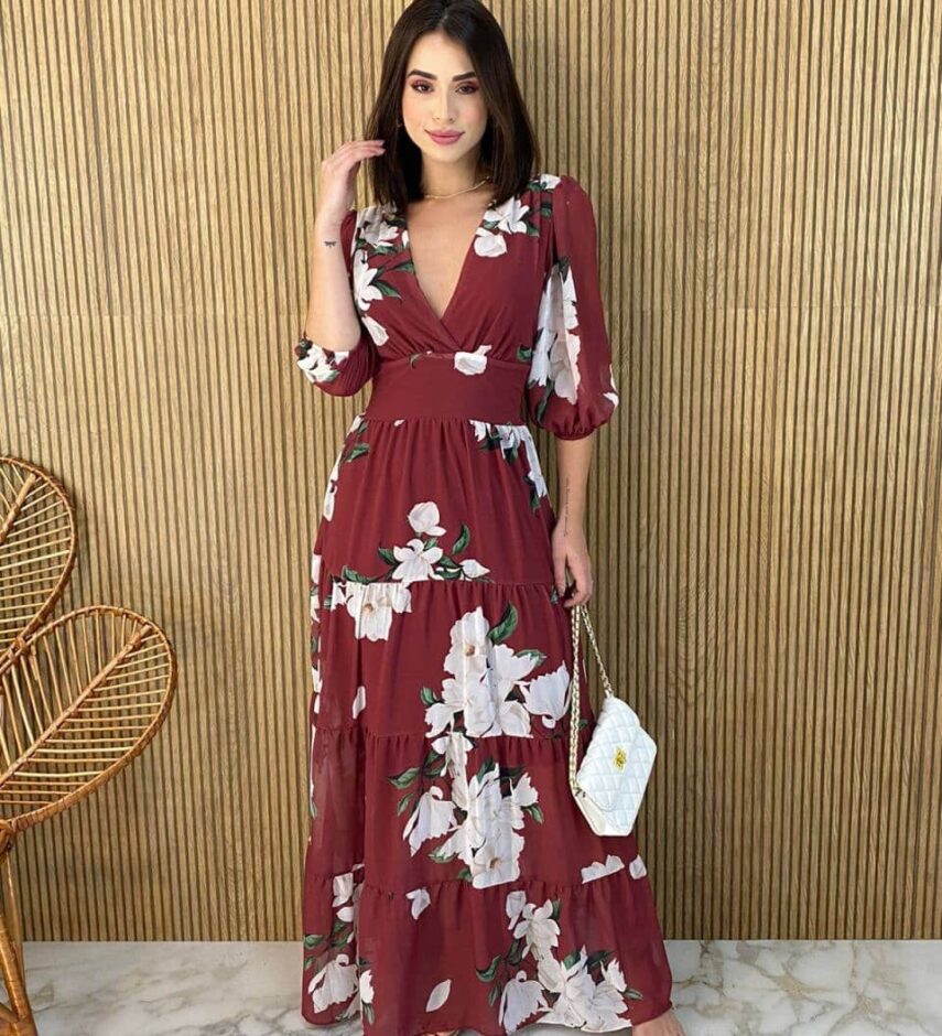 Vestido Longo sem Bojo Manga 3/4 Luna Estampado Marsala - Fernanda Ramos Store