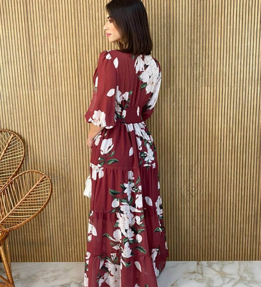 Vestido Longo sem Bojo Manga 3/4 Luna Estampado Marsala - Fernanda Ramos Store