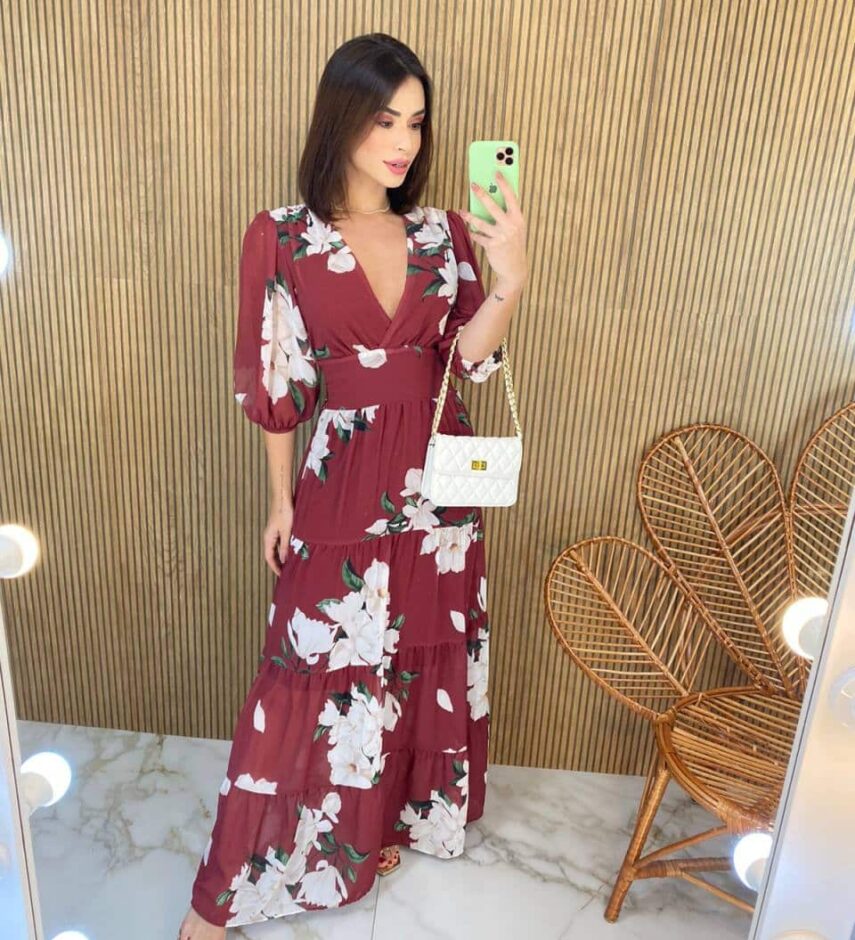 Vestido Longo sem Bojo Manga 3/4 Luna Estampado Marsala - Fernanda Ramos Store