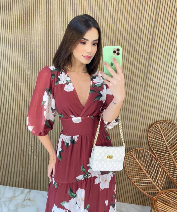 Vestido Longo sem Bojo Manga 3/4 Luna Estampado Marsala - Fernanda Ramos Store