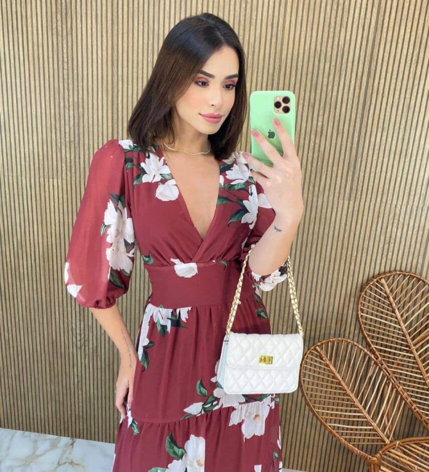 Vestido Longo sem Bojo Manga 3/4 Luna Estampado Marsala - Fernanda Ramos Store