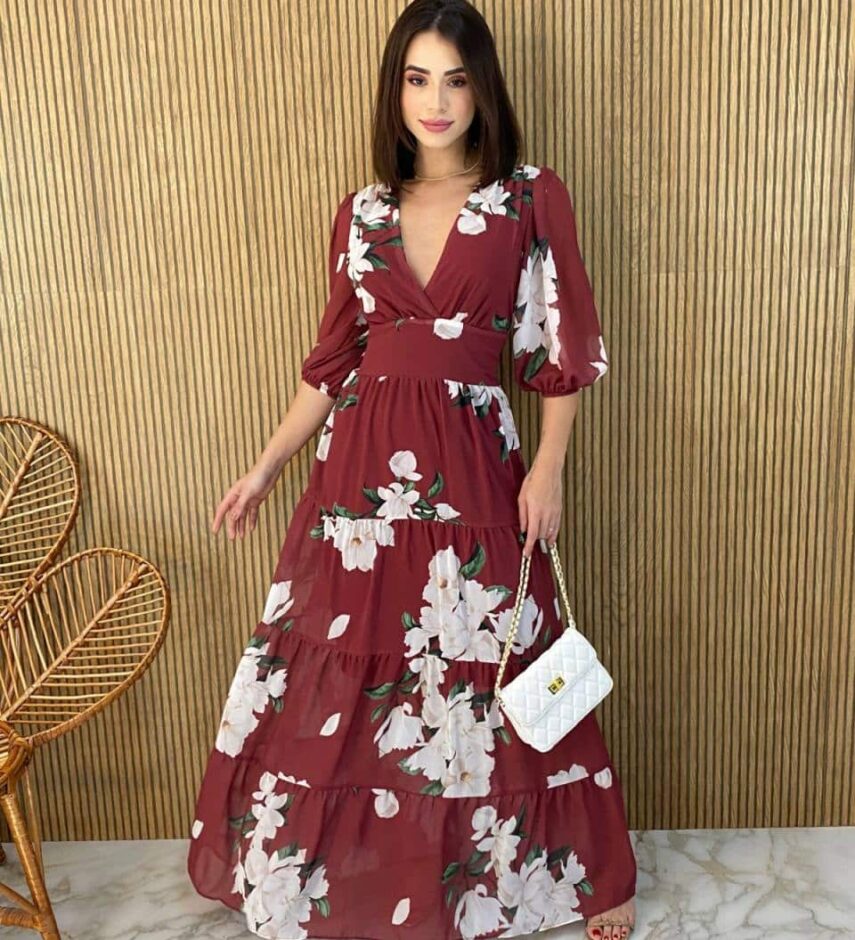 Vestido Longo sem Bojo Manga 3/4 Luna Estampado Marsala - Fernanda Ramos Store